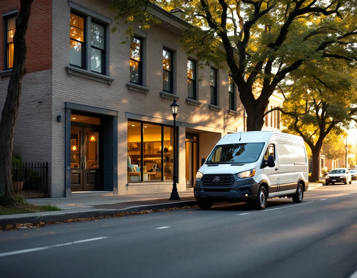 Delivery van parked at small business storefront during routine shipping pickup on residential street