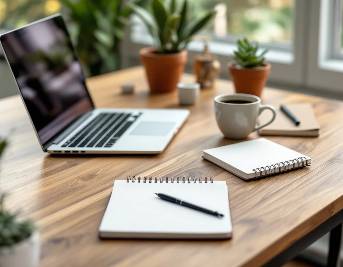 Organized office desk with laptop, coffee, and blank notebooks in natural light showing calm workspace management