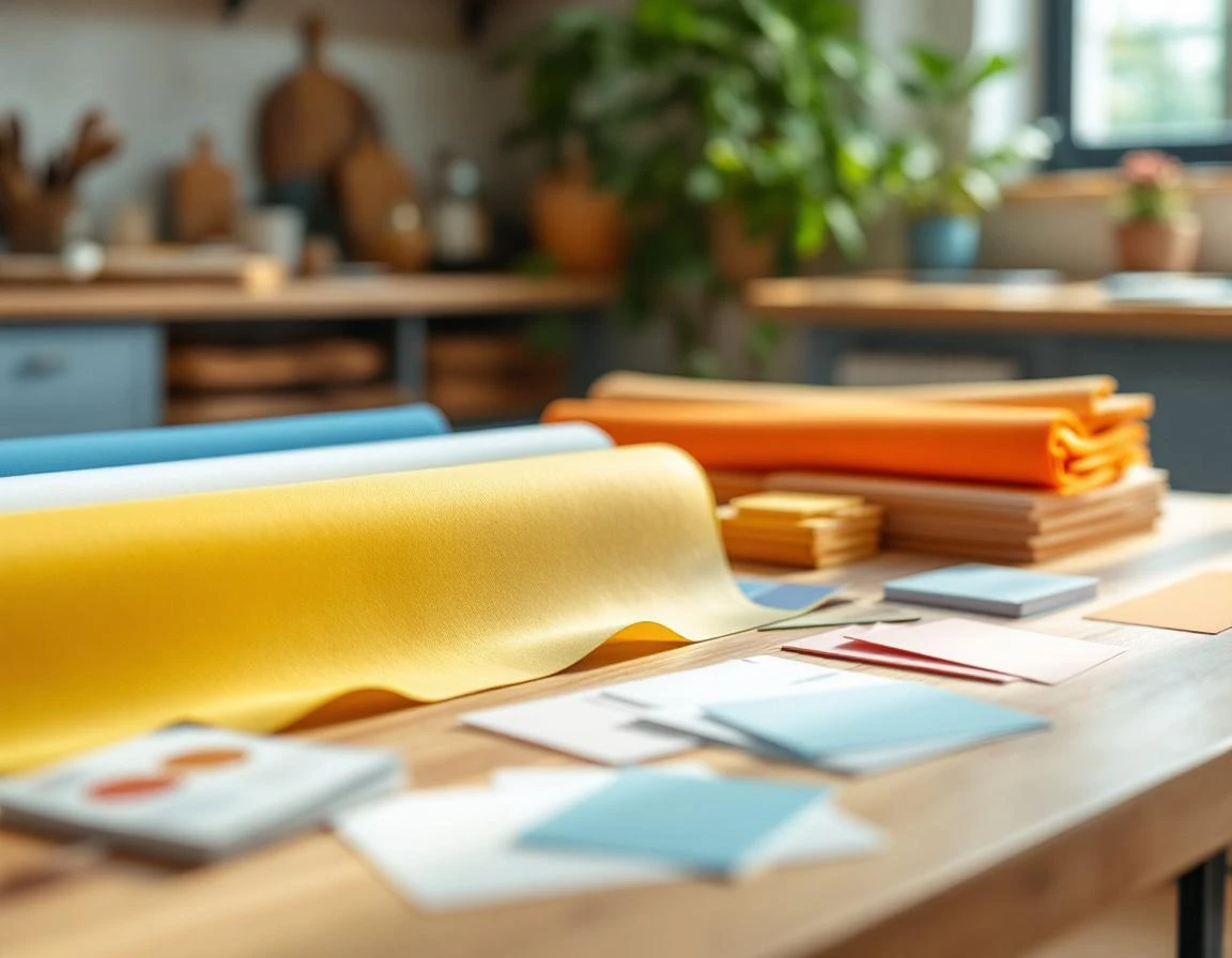 Rolled banner materials and color swatches arranged on wooden work table with natural window lighting