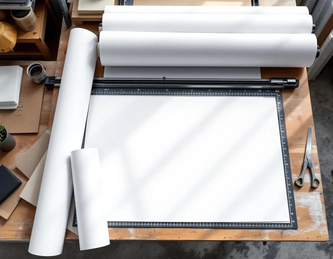 Blank vinyl banner rolls and yard sign materials on printing workshop table with natural lighting