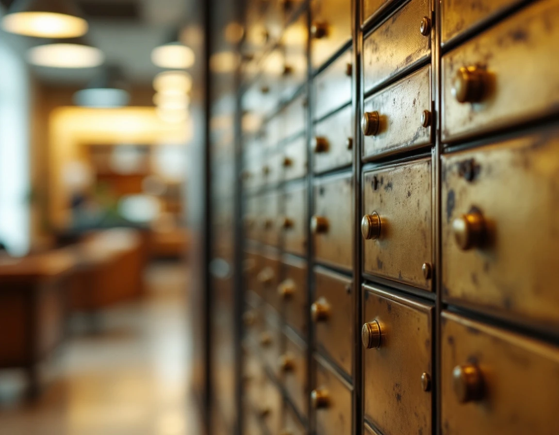 Commercial mailbox units showing brass finish wear patterns in professional lobby setting