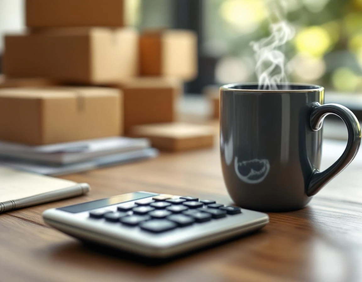 Calculator and coffee on desk with shipping boxes, representing cost analysis workflow for multi-carrier shipping
