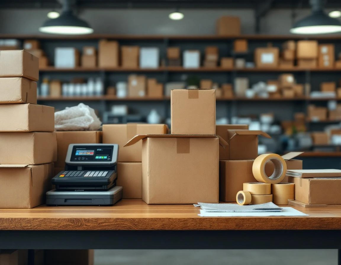 Pack-and-ship store workstation with postal scale, cardboard boxes, and packing materials on counter