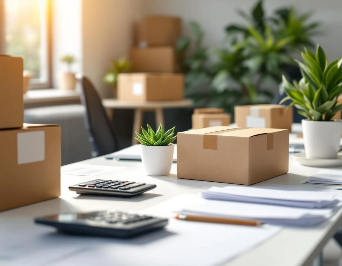 Modern shipping workspace with boxes, calculator, and business materials under natural window lighting