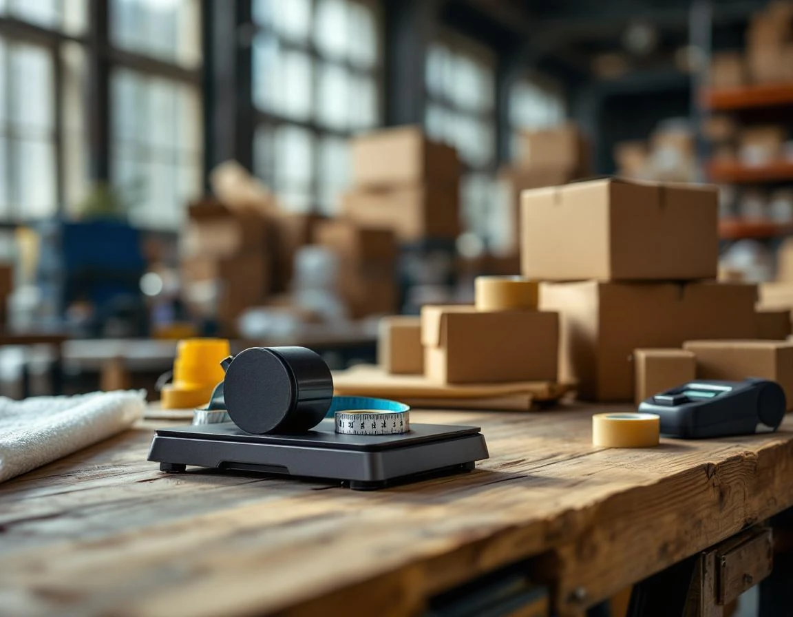 Shipping scale and measuring tools on warehouse workbench with packing materials