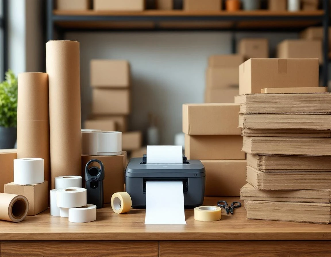 Organized pack-and-ship workspace with boxes, packing materials, and label printer on wooden counter