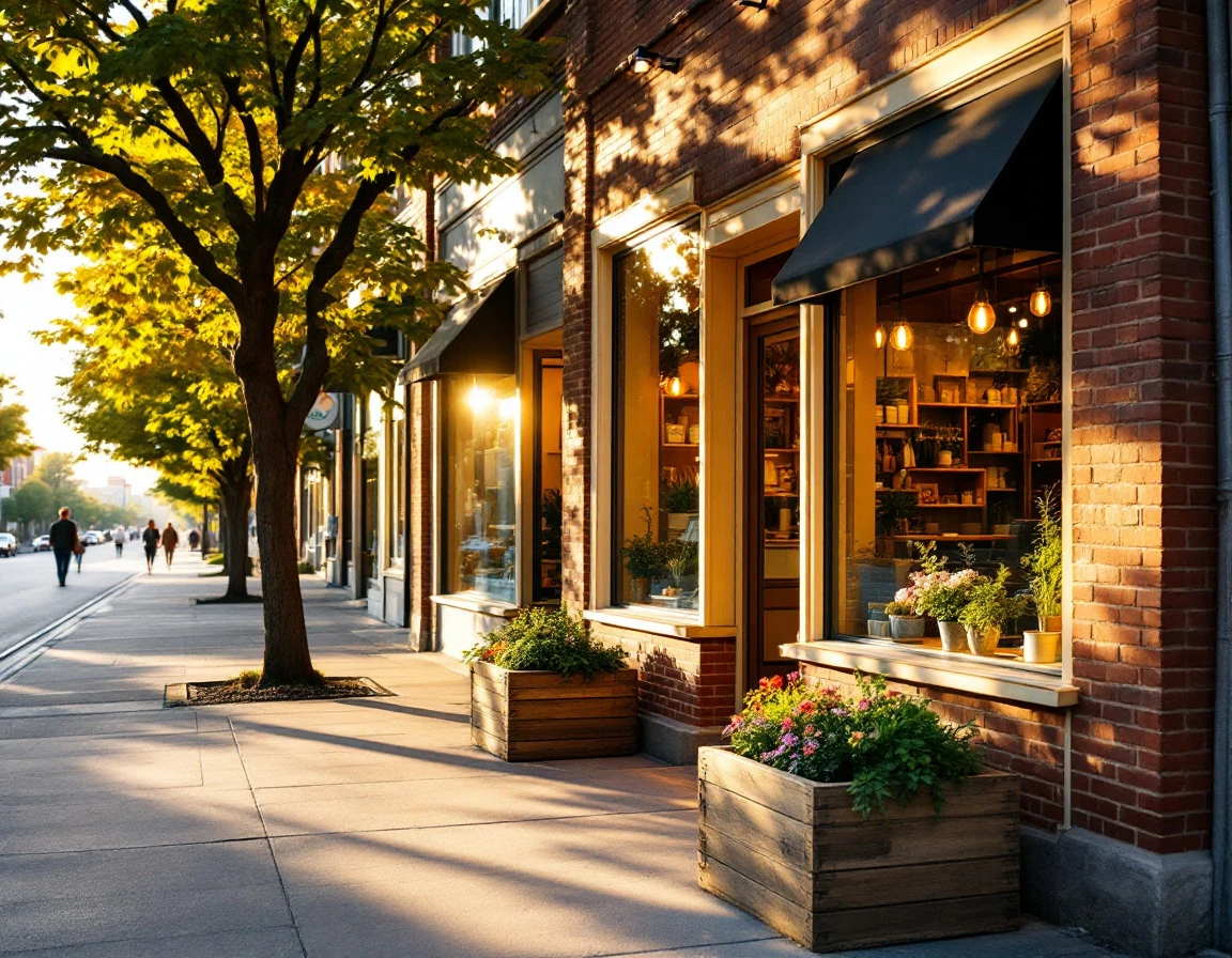 Small retail storefront with planters and display windows during golden hour on a quiet street