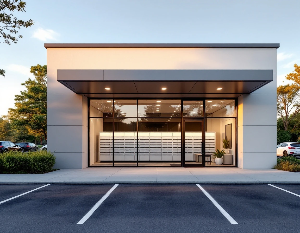 Independent mailbox rental facility storefront with modern commercial architecture and professional exterior