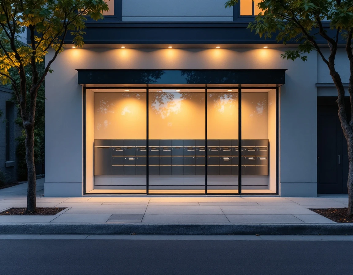 Modern mailbox rental storefront with contemporary design and professional lighting at dusk