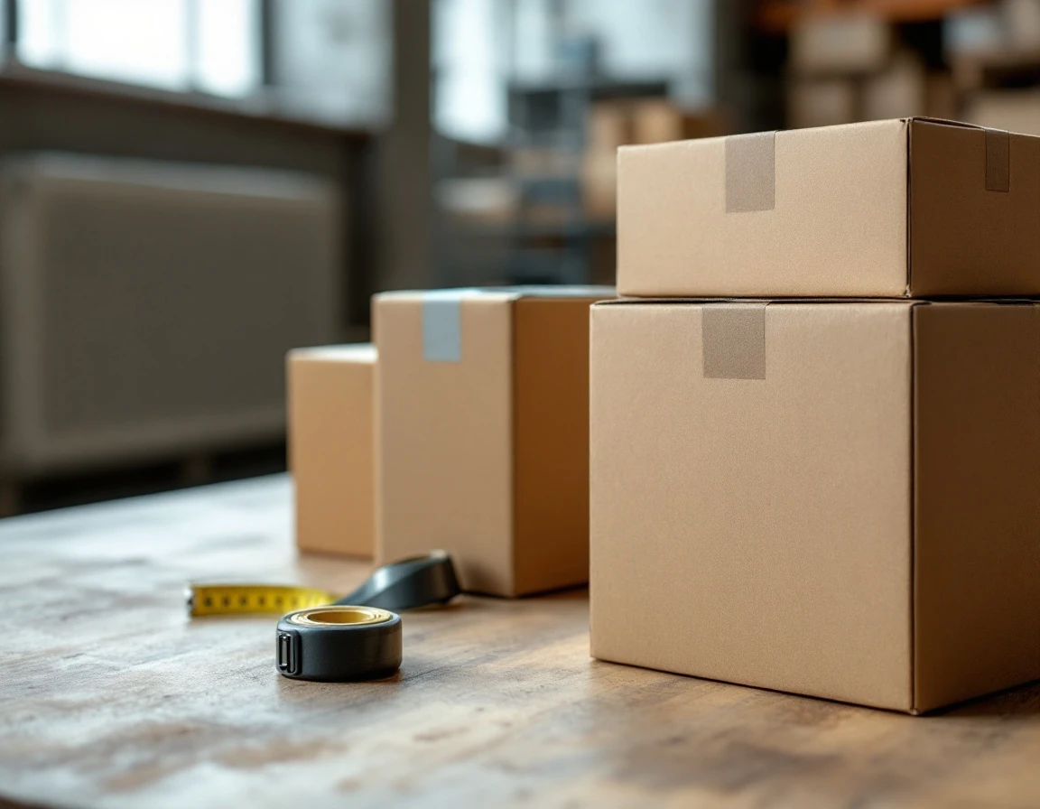 Three shipping boxes of varying dimensions with measuring tape on warehouse table