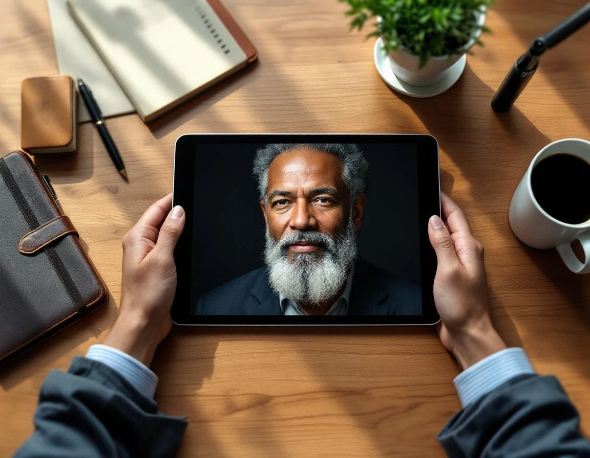 Professional workspace with tablet displaying portrait photograph and compliance verification tools on desk