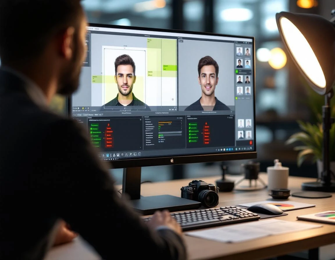 Professional workspace with computer displaying passport photo compliance check software and calibrated lighting setup