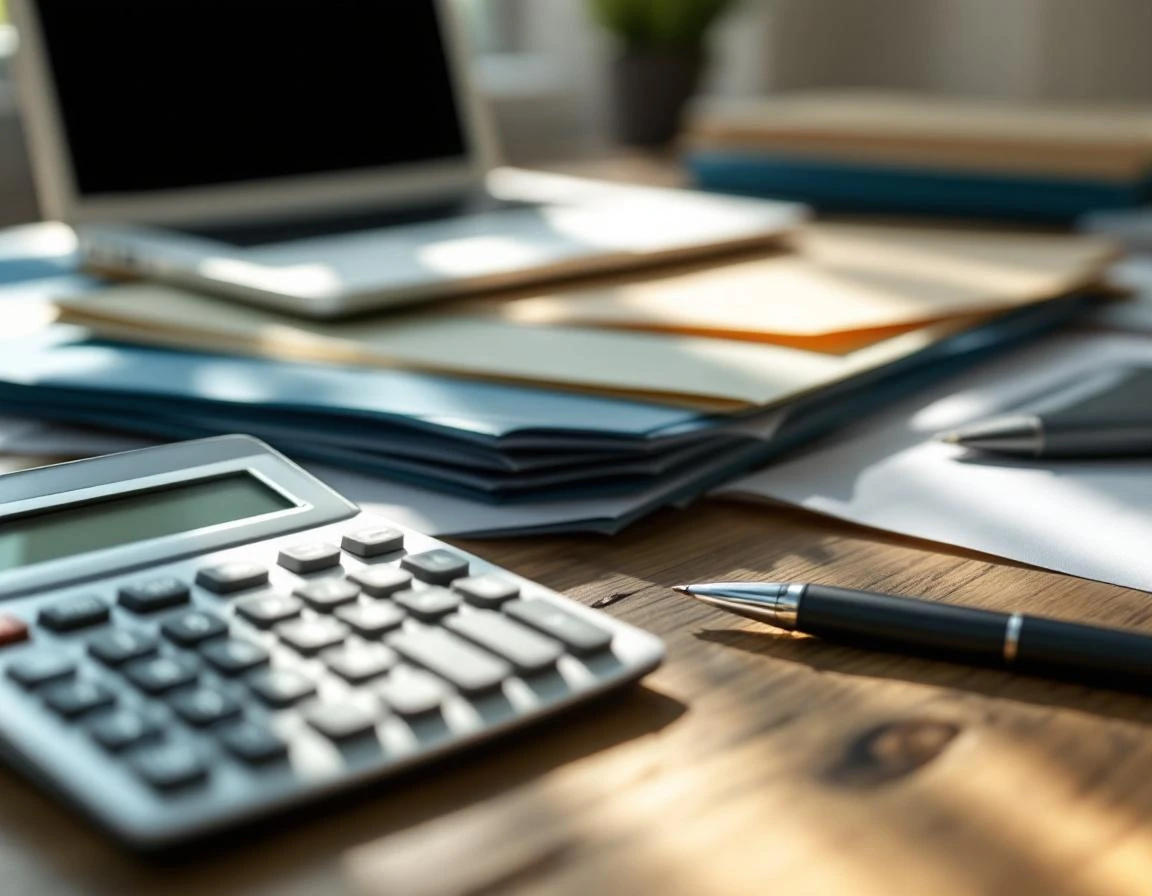 Calculator and muted file folders on wooden desk representing multi-state sales tax compliance record-keeping