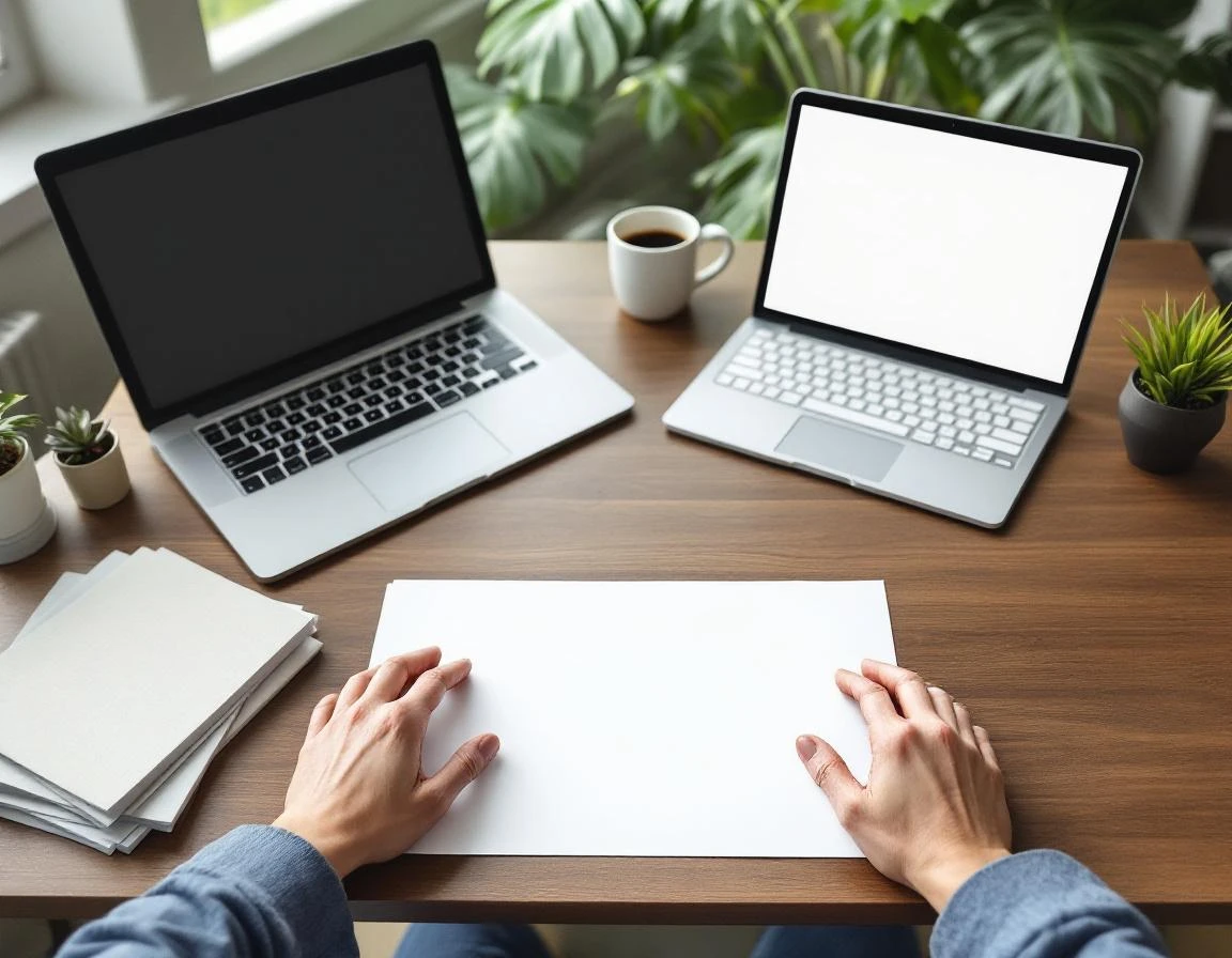 Organized home office desk with blank papers, laptop, and coffee mug in natural morning light