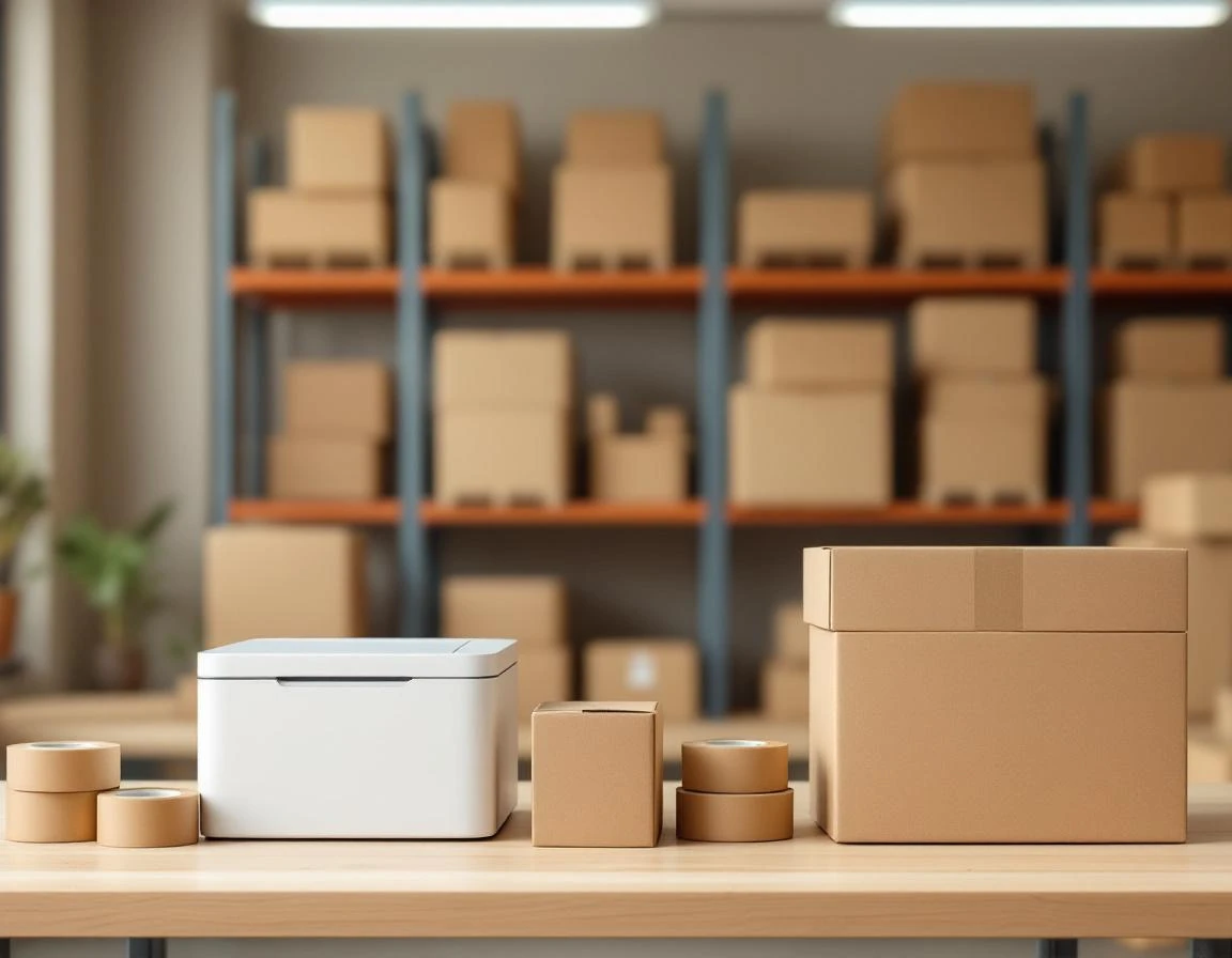 Thermal printer and shipping supplies on warehouse desk with organized shelving in background