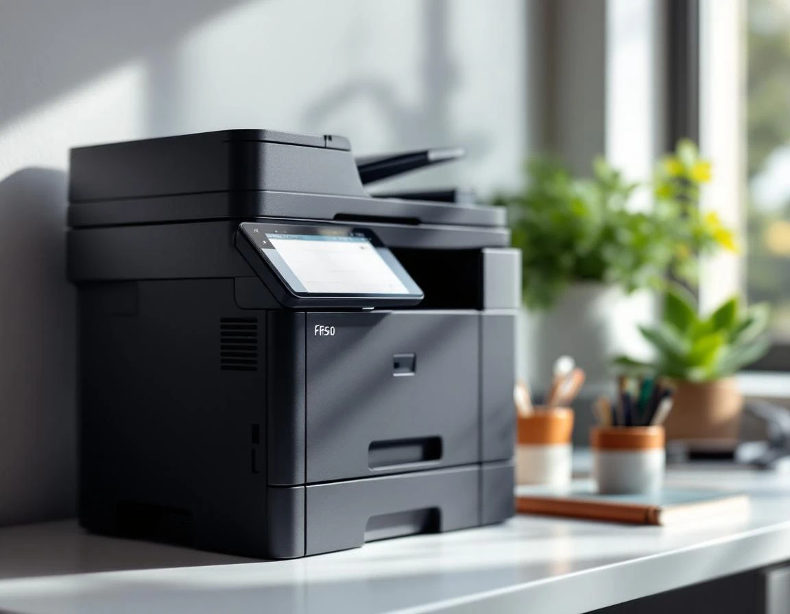 Commercial multifunction printer in professional document service center workspace with natural office lighting