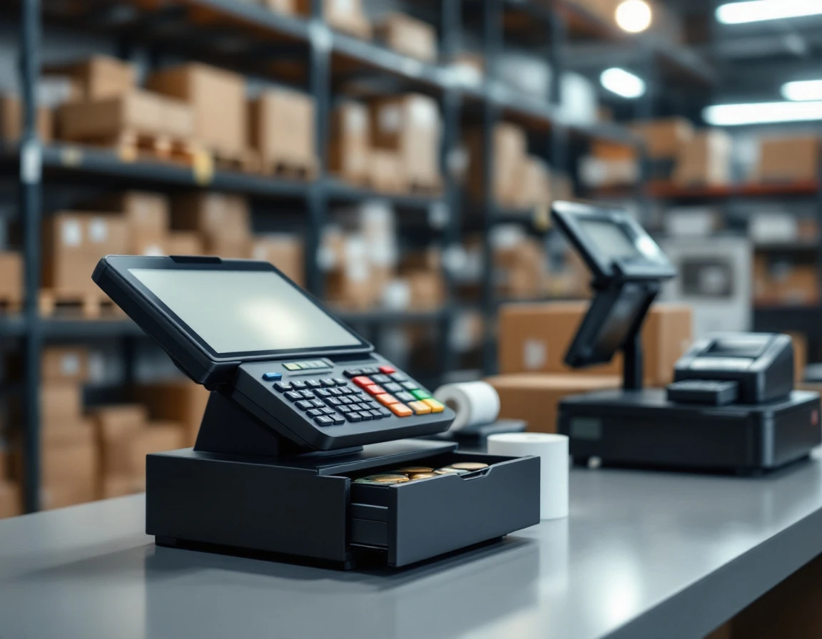 Point-of-sale terminal with open cash drawer and thermal printer in retail shipping warehouse environment