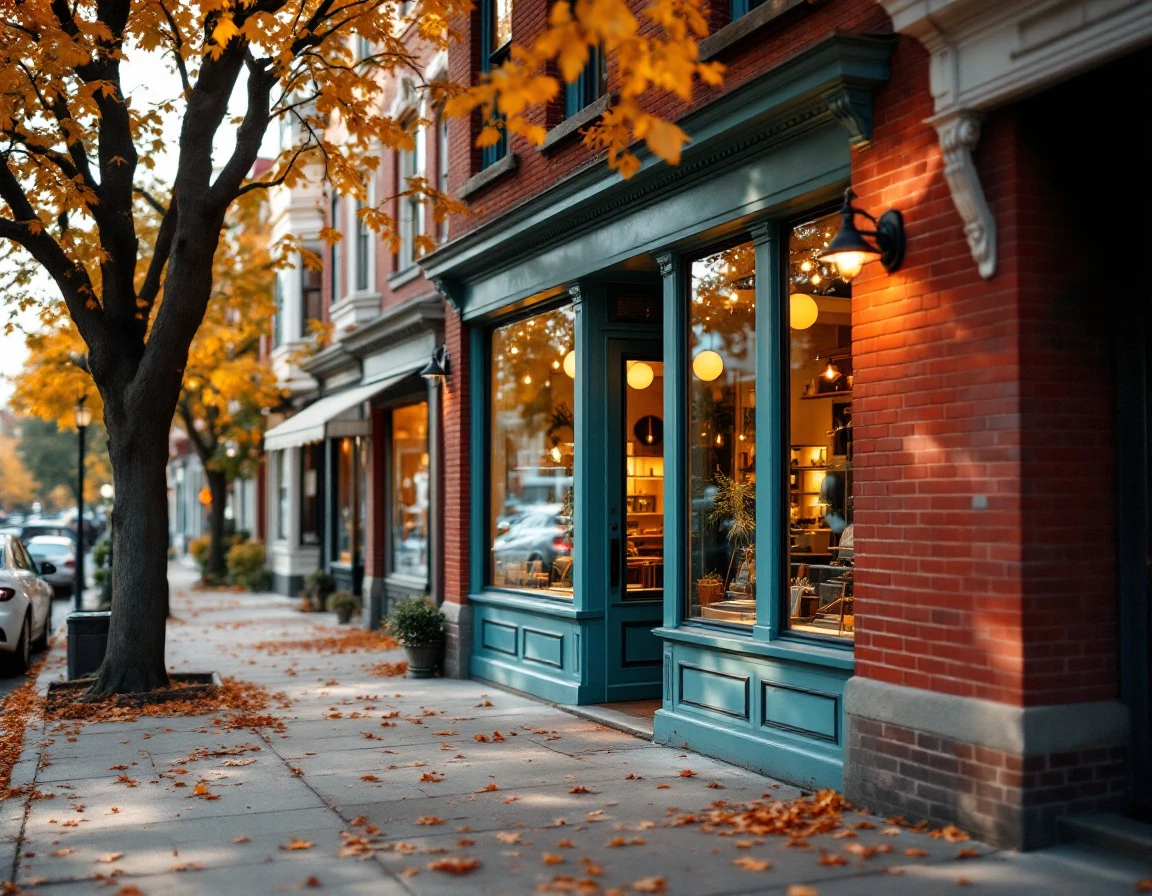 Brick storefront with teal-painted frame on autumn street in thriving small business district