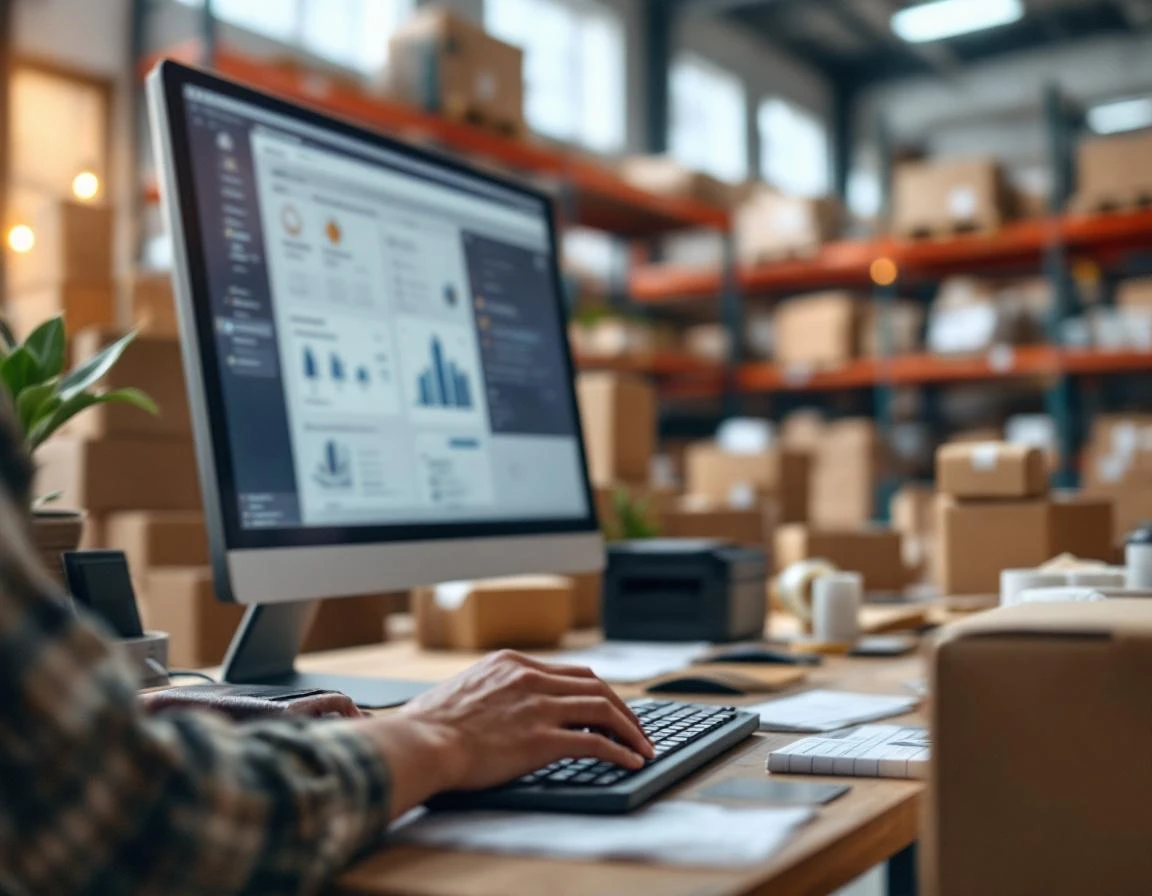 Pack-and-ship workstation with shipping materials and blurred computer screen in warehouse setting
