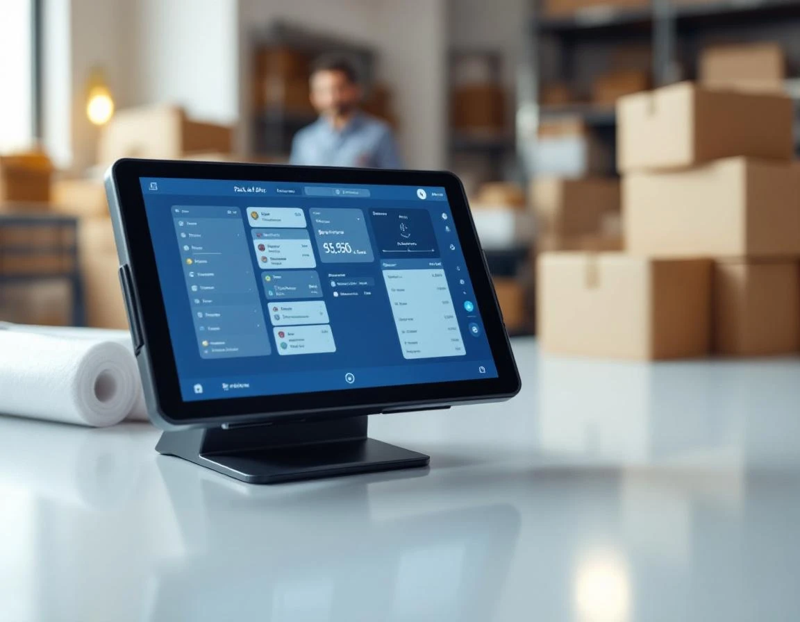 Point-of-sale tablet displaying multi-service transaction interface on pack-and-ship store counter with shipping supplies