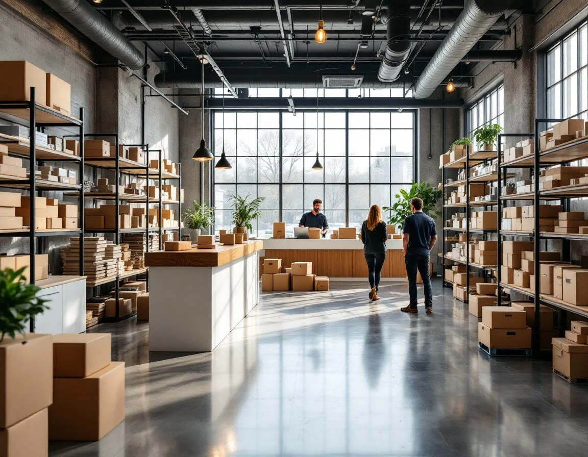 Modern pack-and-ship retail interior with organized service zones, natural lighting, and customers browsing