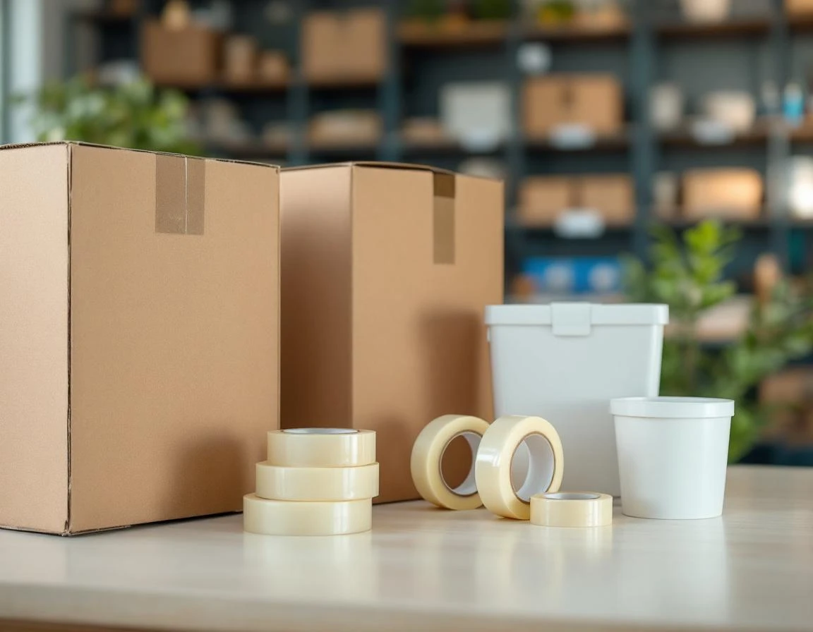 Packing supplies including cardboard boxes and tape on work surface in professional shipping retail space