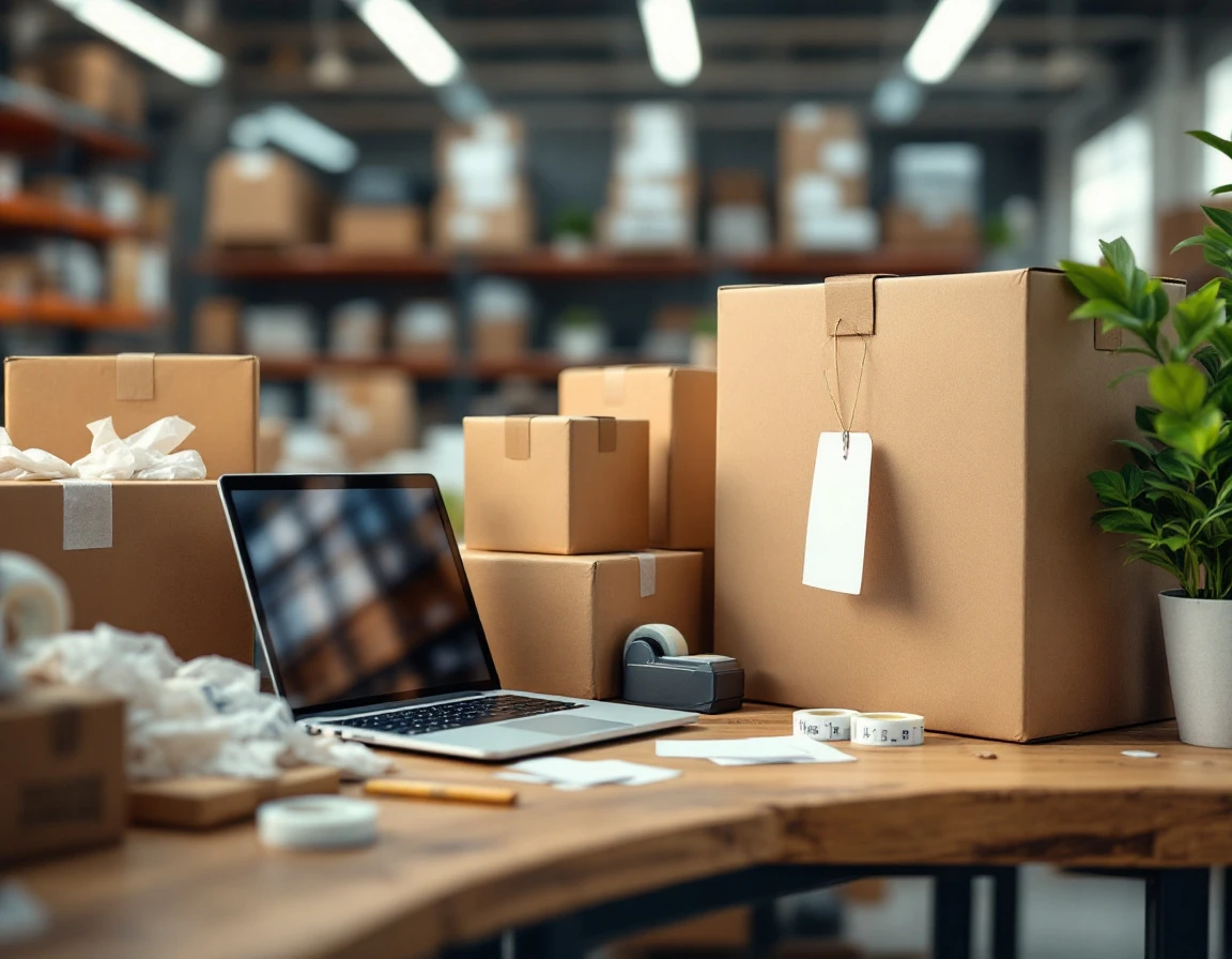 Pack-and-ship workspace with cardboard boxes, shipping supplies, and laptop on wooden counter