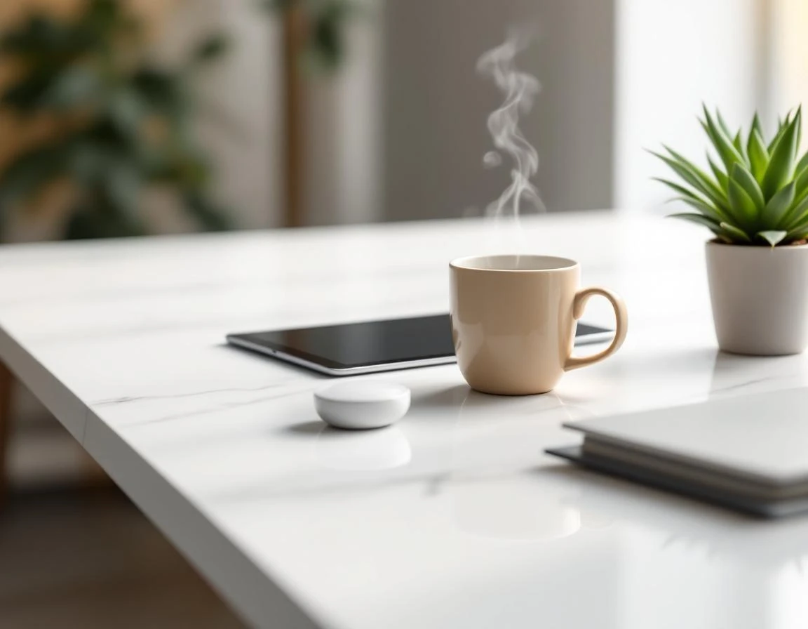 Modern minimalist desk with tablet, coffee, and succulent in natural window light