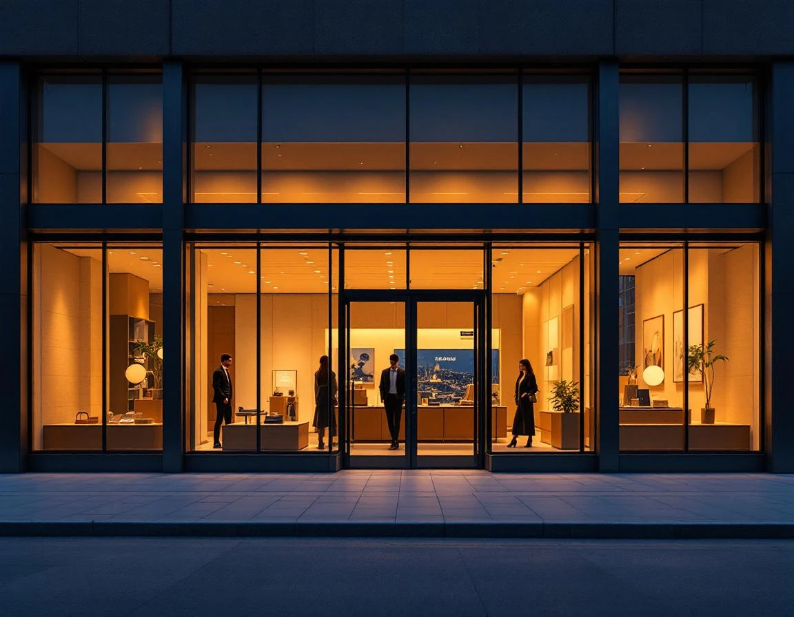 Modern retail storefront at dusk with minimalist glass facade and natural evening lighting