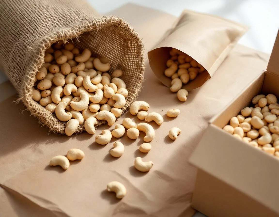 Sustainable packaging materials including jute sack, kraft paper, and biodegradable pouches with cashews