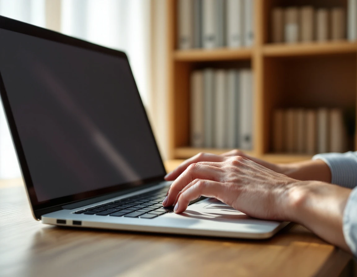 Professional working on laptop in home office with natural lighting and bookshelf background