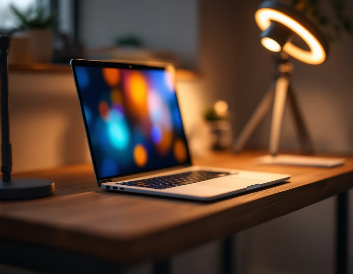Professional home office desk with laptop displaying video call interface and ring light for remote notary services