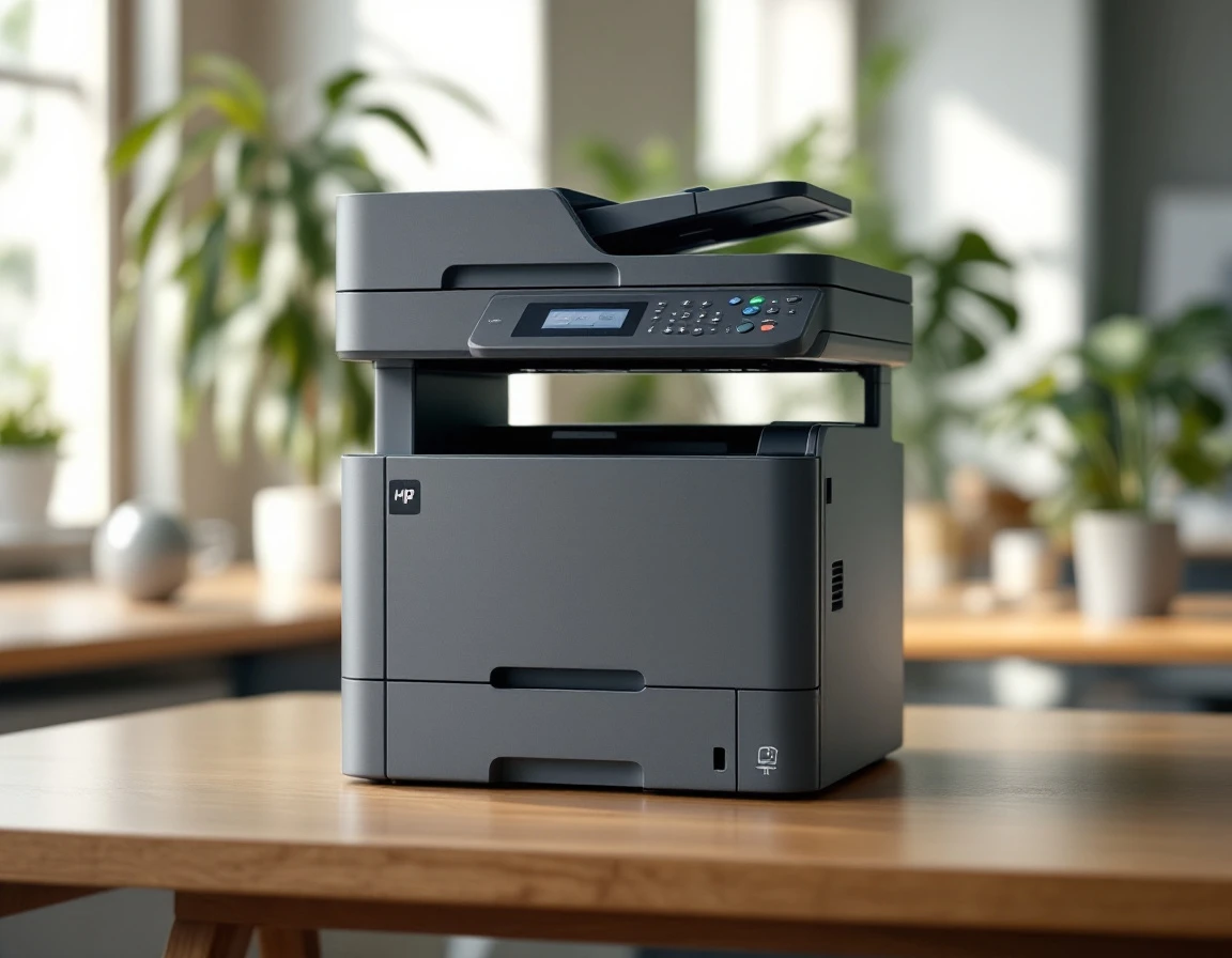 Multi-function office printer on wooden desk in naturally lit professional healthcare workspace