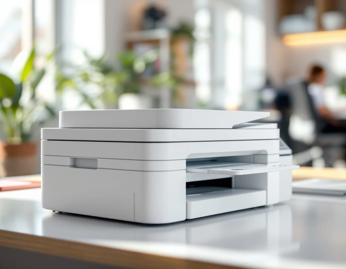 Modern office scanner in medical administrative setting with natural window lighting