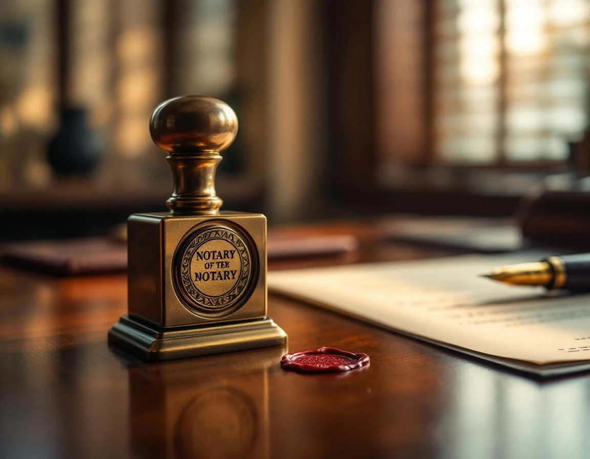 Brass notary embosser and red wax seal on professional desk with warm office lighting