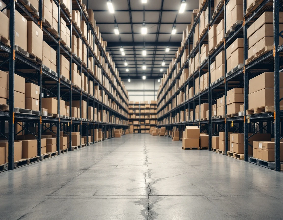 Organized warehouse shelving with inventory boxes showing systematic storage approach for multi-location operations