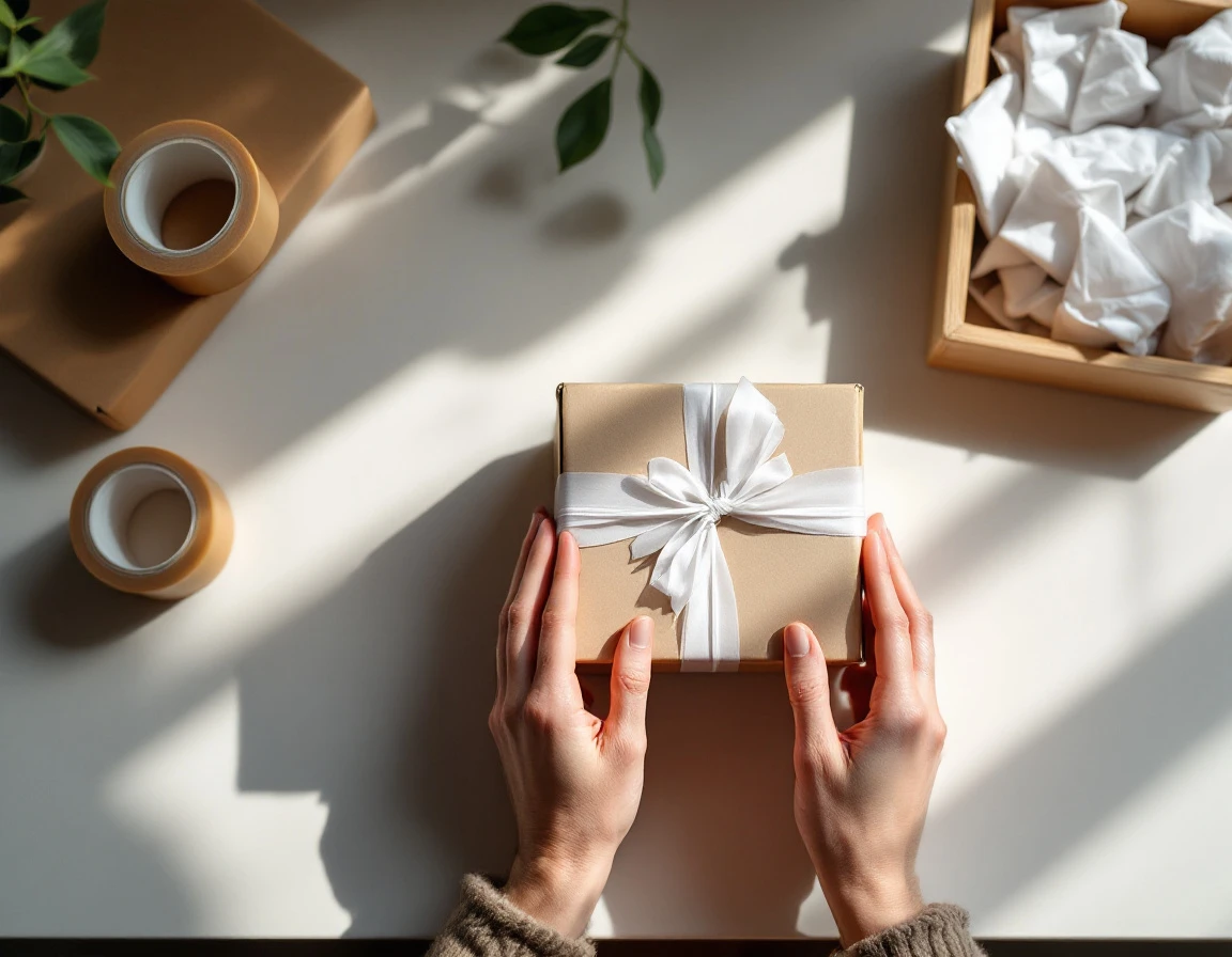 Hands wrapping cardboard box with tissue paper surrounded by packing tape and shipping materials on work surface