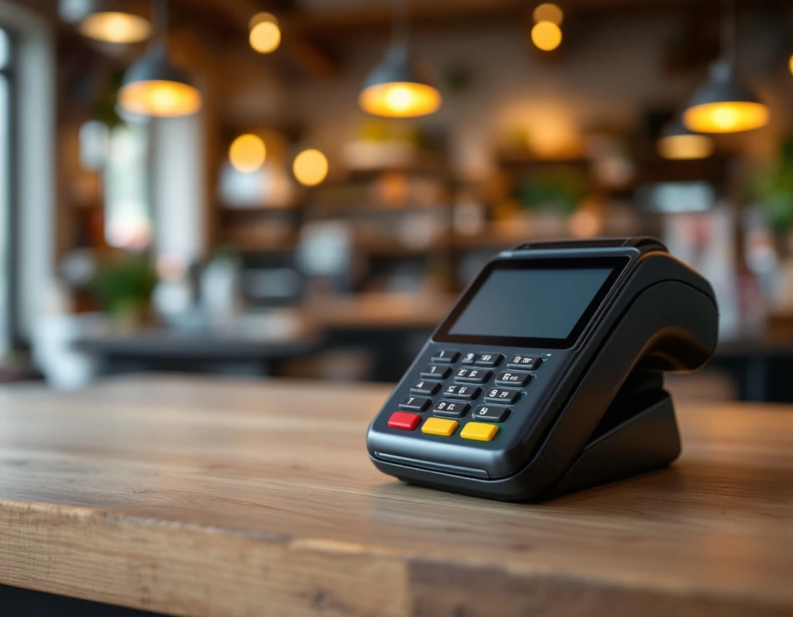 Professional payment terminal with realistic wear on wooden retail checkout counter under natural store lighting