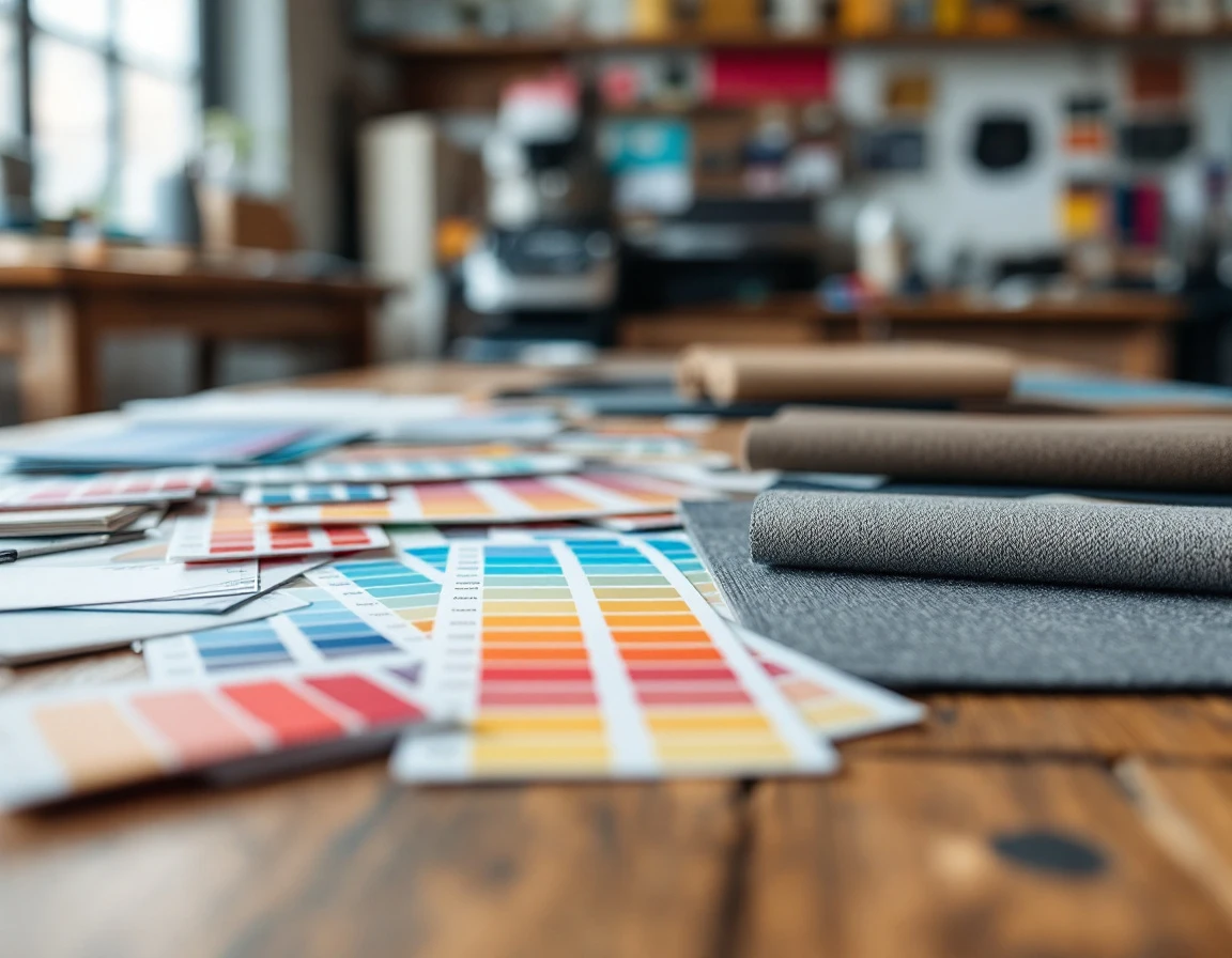 Color swatches and printing material samples on wooden table showing diverse substrate and finish options