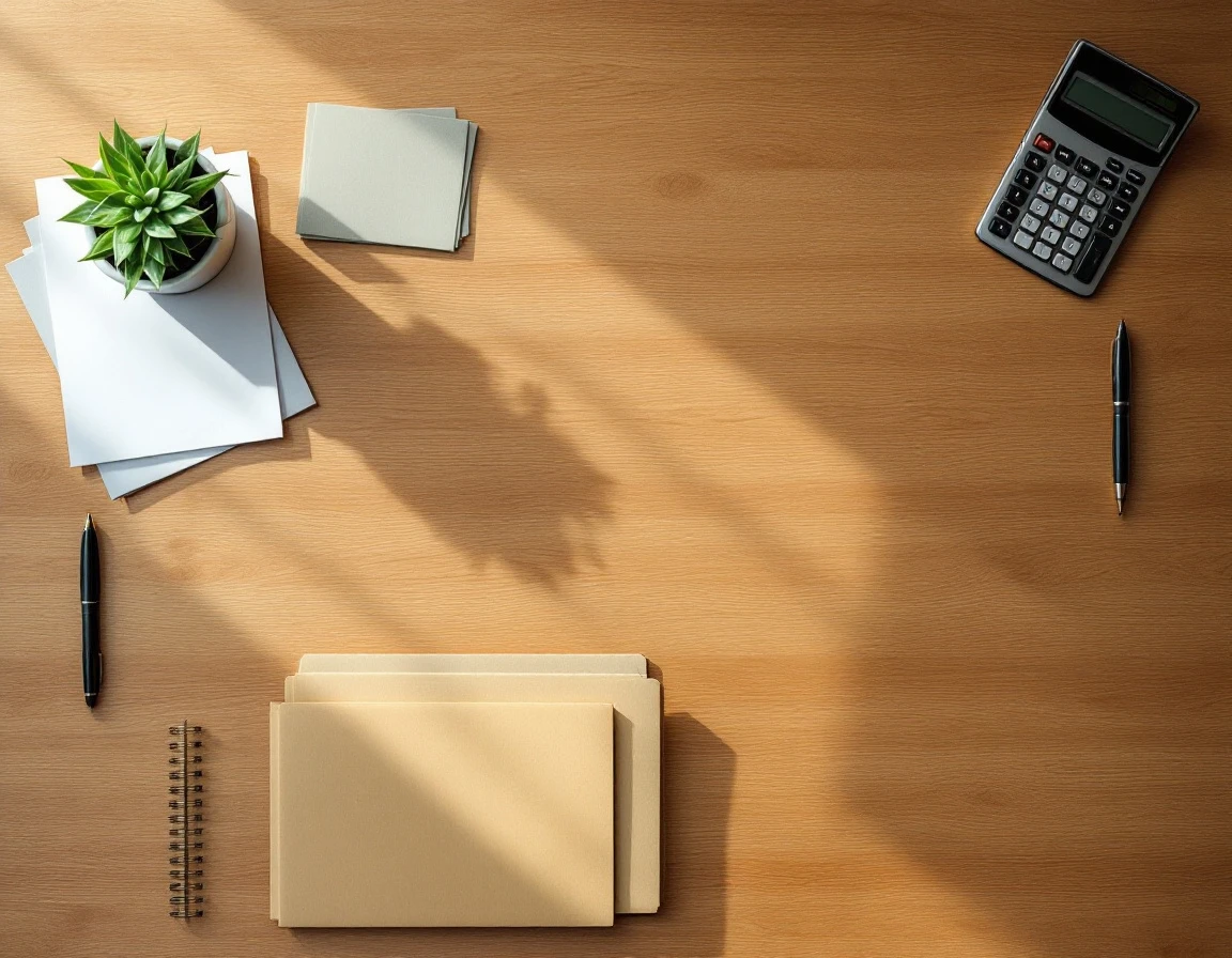 Overhead view of business desk with calculator, folders, and planning materials for print shop cost tracking