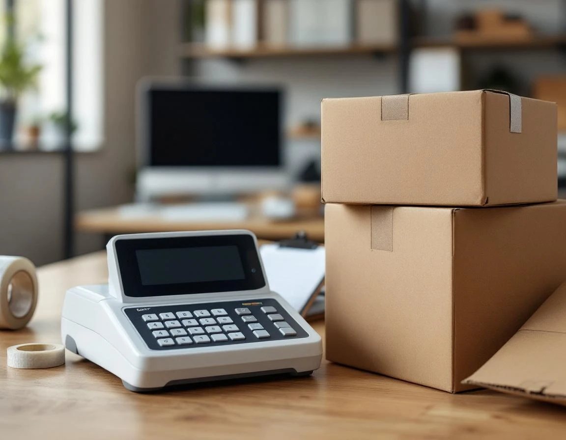 Pack-and-ship workspace with postal scale, cardboard boxes, and shipping supplies on wooden desk
