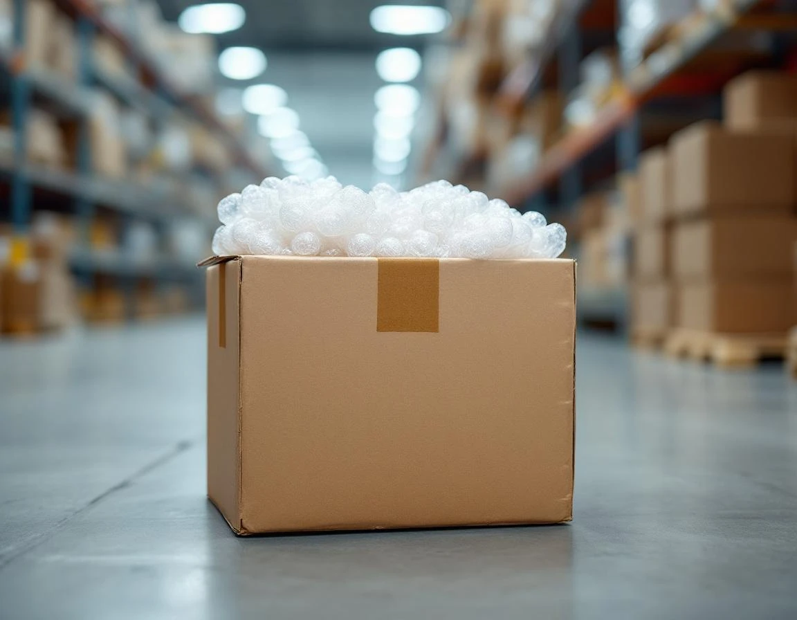 Cardboard shipping box with authentic wear marks and packing materials in warehouse lighting