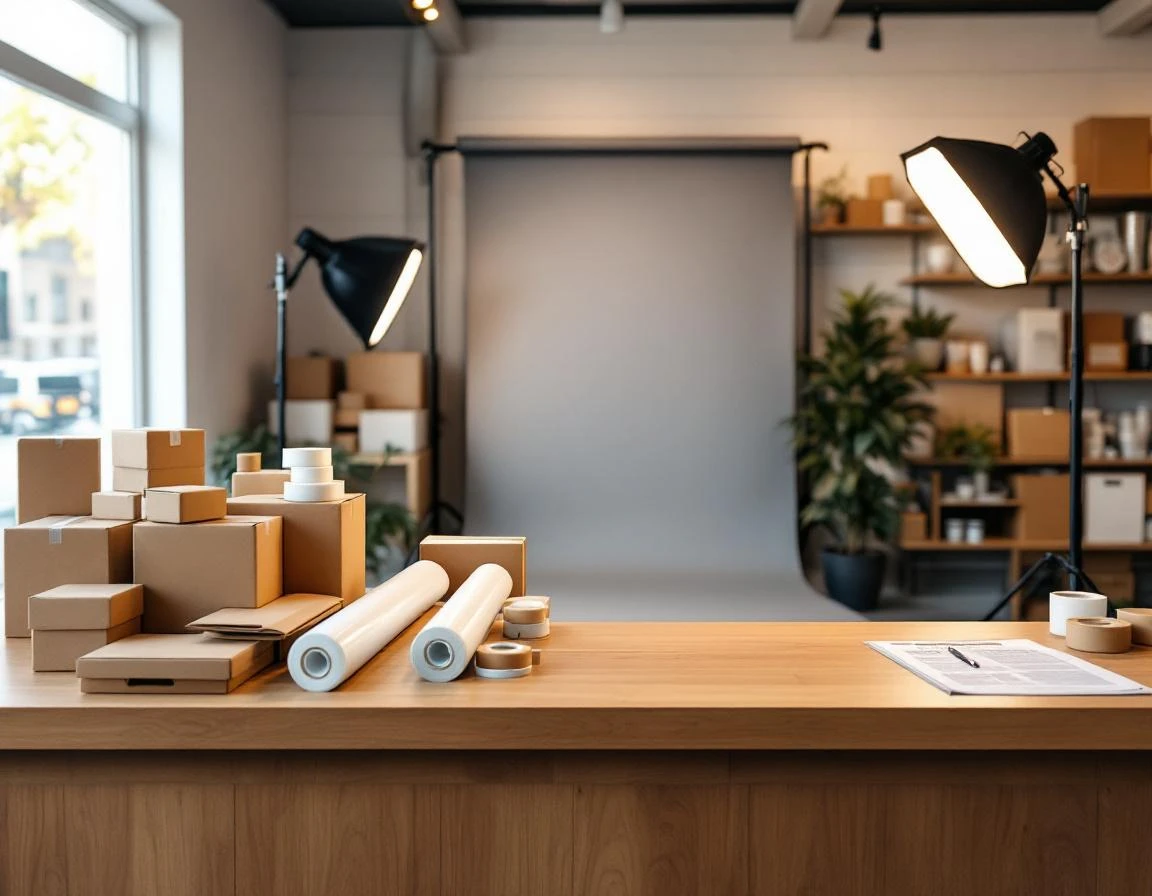 Pack-and-ship store counter with professional photo backdrop and shipping materials