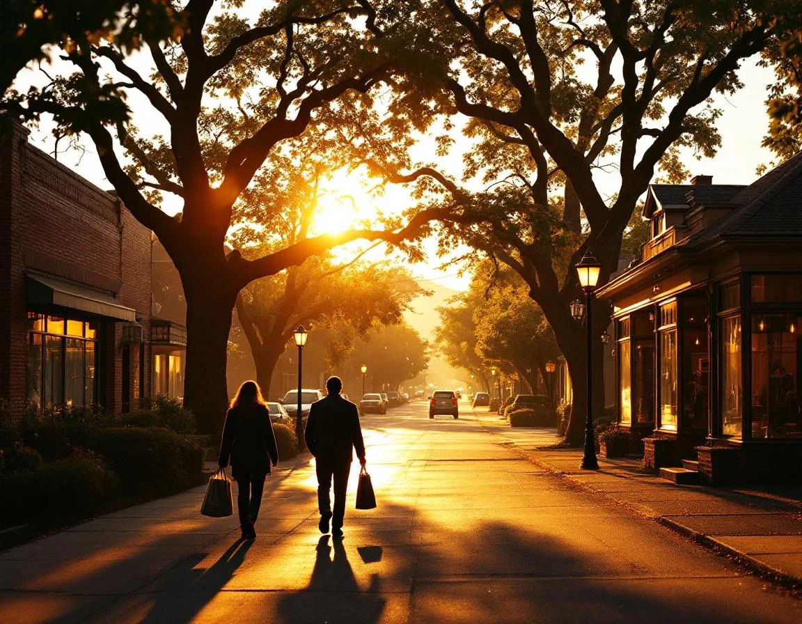 Neighborhood street at sunset with people walking past local storefronts in Pacific Northwest community