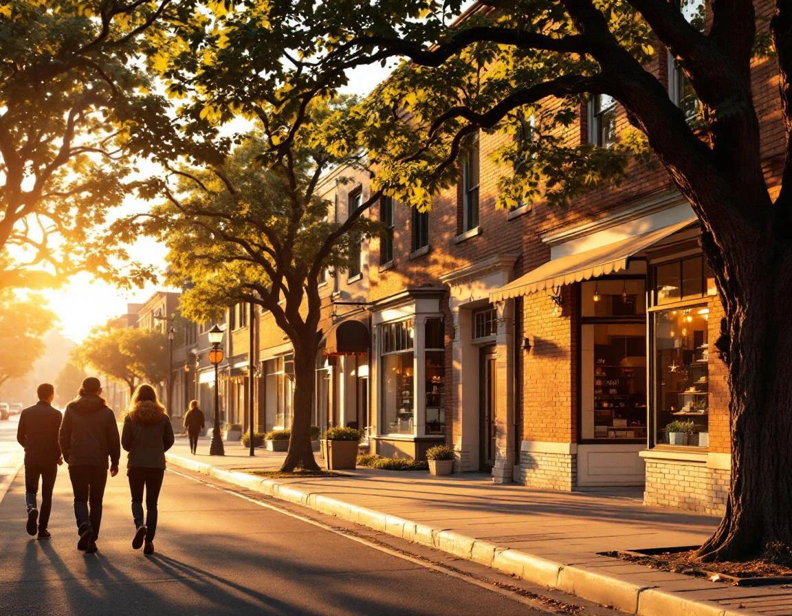 Tree-lined downtown street with brick storefronts and pedestrians during golden hour lighting