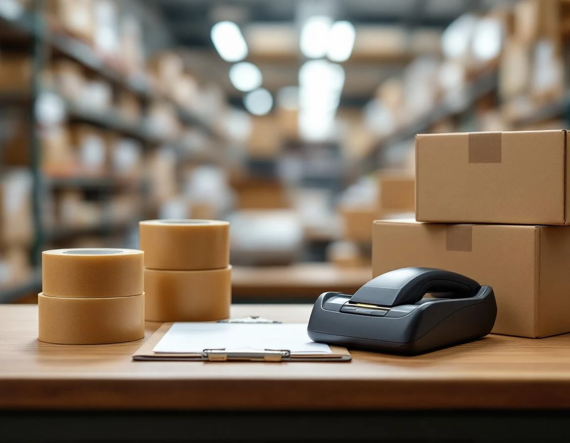 Barcode scanner and packing supplies on pack-and-ship store counter showing cycle counting workflow setup
