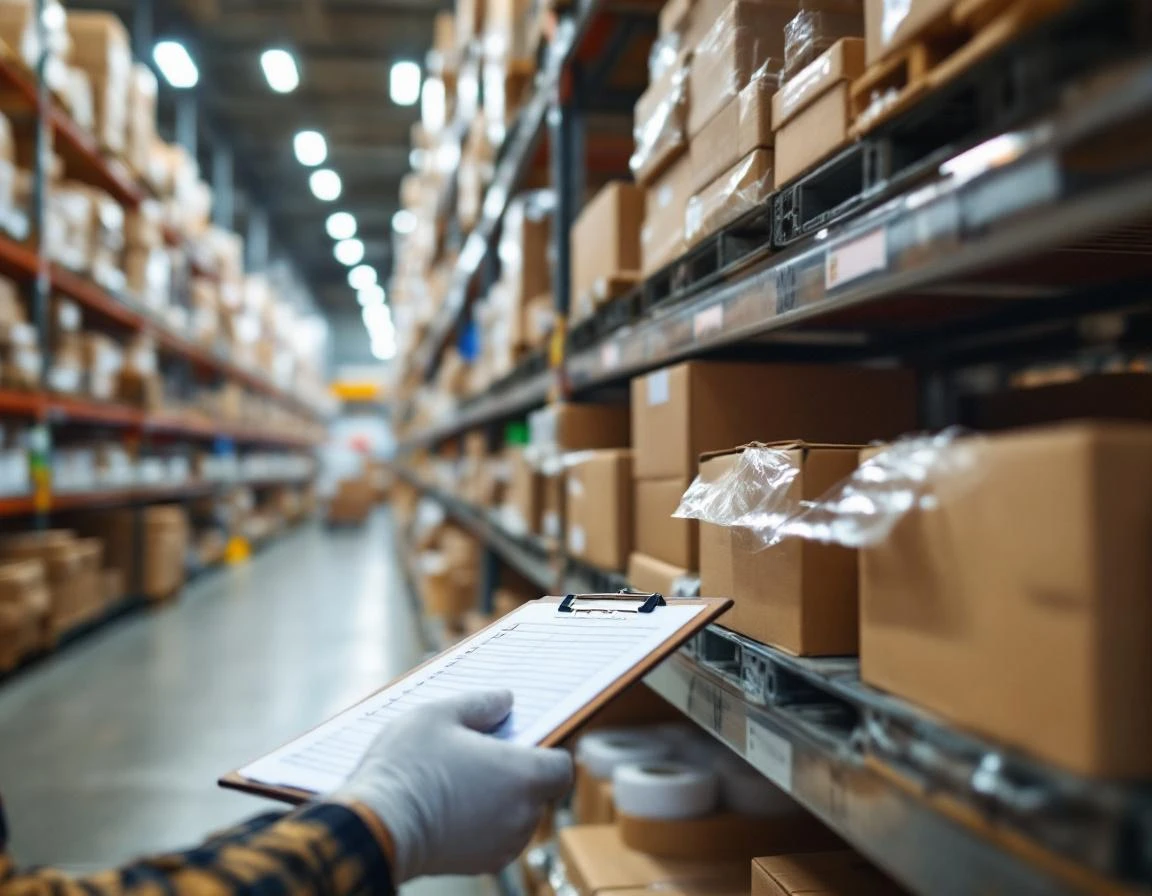 Hands conducting inventory cycle count on shipping supplies in pack-and-ship store warehouse