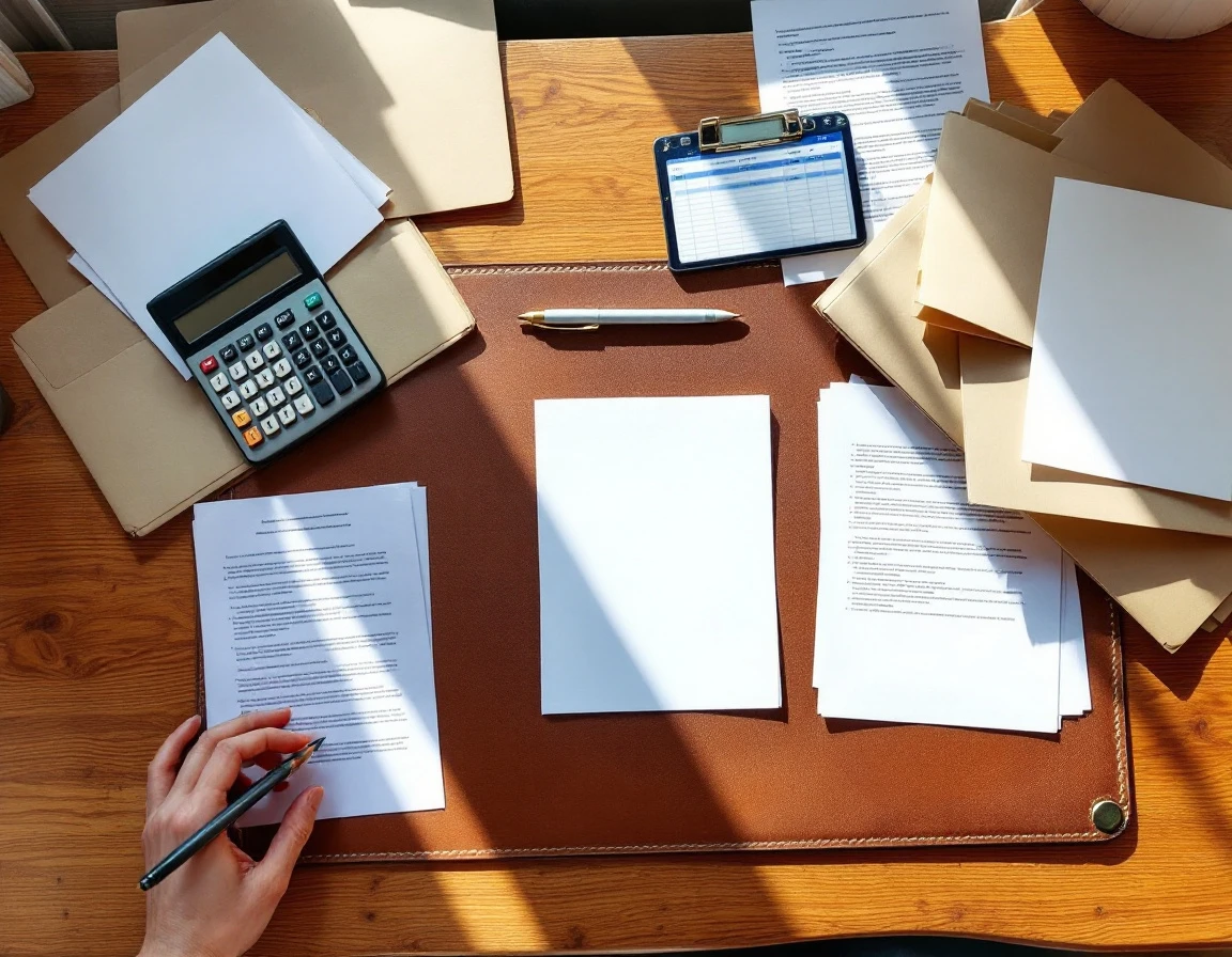 Desk workspace with calculator, folders, and paperwork arranged face-down during freight billing audit
