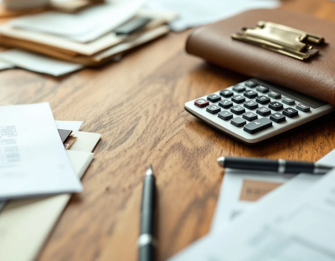Desk workspace with calculator, pen, and blurred shipping audit paperwork arranged for financial review
