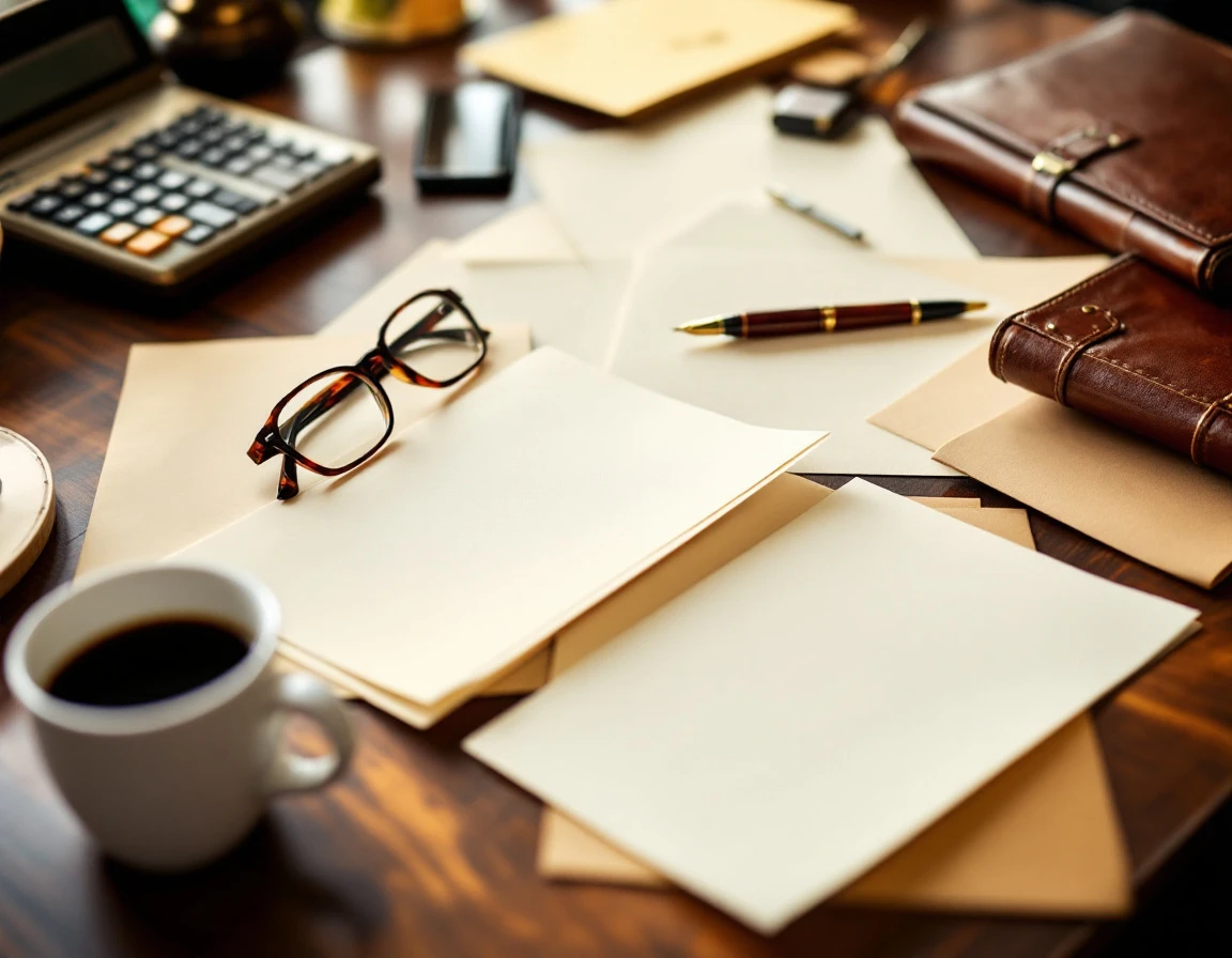 Professional desk workspace with calculator, glasses, and blank documents for financial audit and billing review